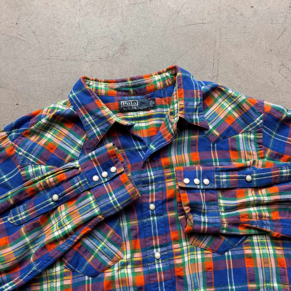 Polo Ralph Lauren Mens XL Plaid Western Pearl Snap Shirt Blue Orange Flannel